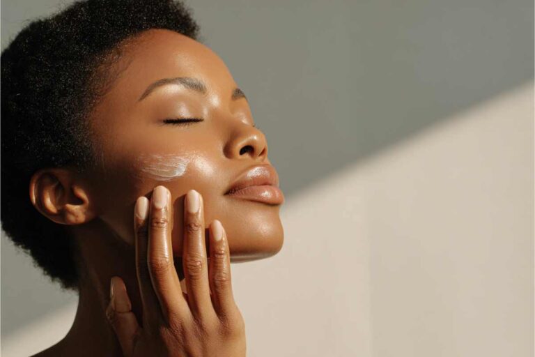 Woman applying moisturiser as part of a science-based anti-aging skincare routine for healthy, radiant skin.
