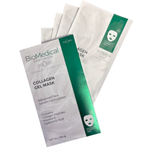 BioMedical Emporium Collagen Gel Mask packaging displayed on a clean white background, featuring an advanced face serum formulation with collagen peptides, vitamin E and hyaluronic acid.